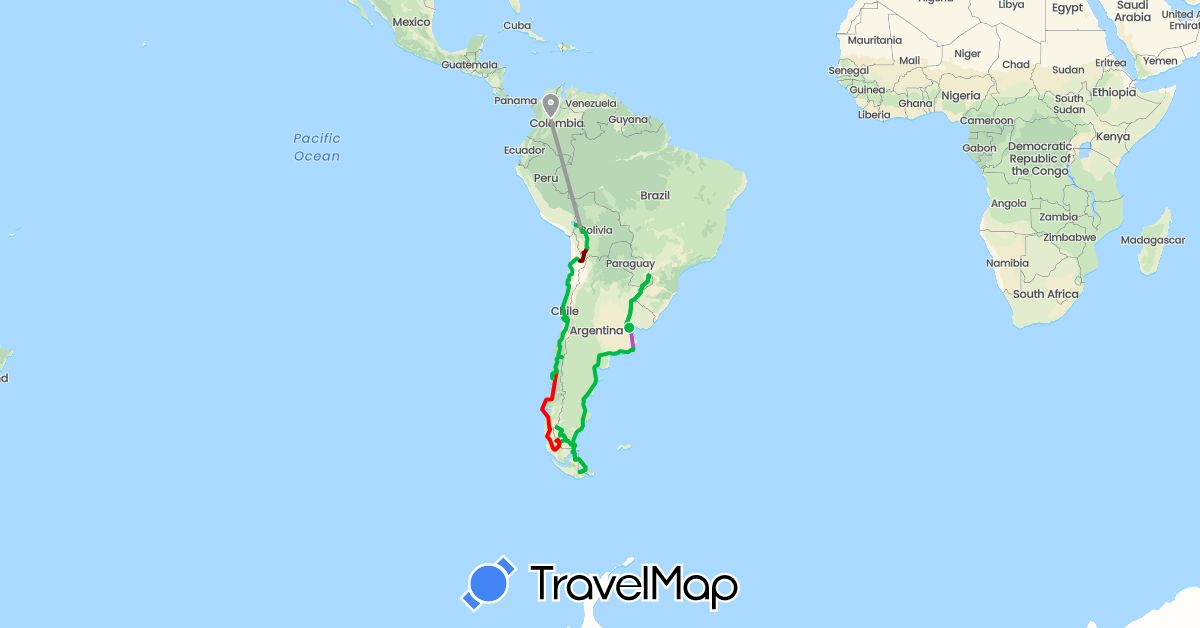 TravelMap itinerary: driving, bus, plane, train, bateau, 4x4 in Argentina, Bolivia, Brazil, Chile, Colombia, Spain, France (Europe, South America)